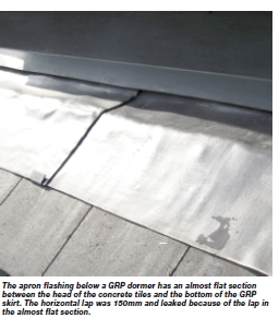   The apron flashing below a GRP dormer has an almost flat section between the head of the concrete tiles and the bottom of the GRP skirt. The horizontal lap was 150mm and leaked because of the lap in the almost flat section.