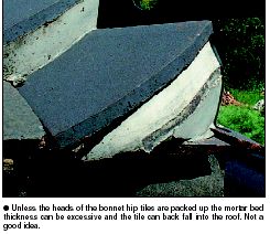 Unless the heads of the bonnet hip tiles are packed up the mortar bed thickness can be excessive and the tile can back fall into the roof. Not a good idea.